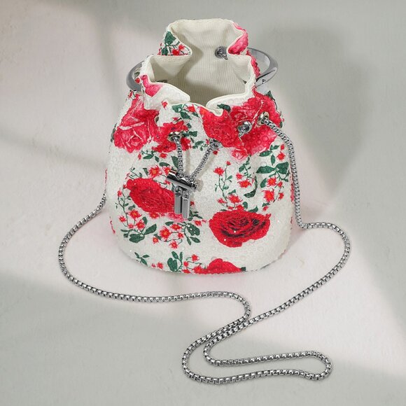 Blooming Rose Rhinestone Bling Beaded Small Round Handle Bucket Crossbody Bag - Picture 9 of 10